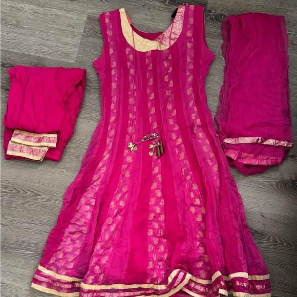 Pink & Gold Embellished Anarkali Dress - Picture 2 of 7